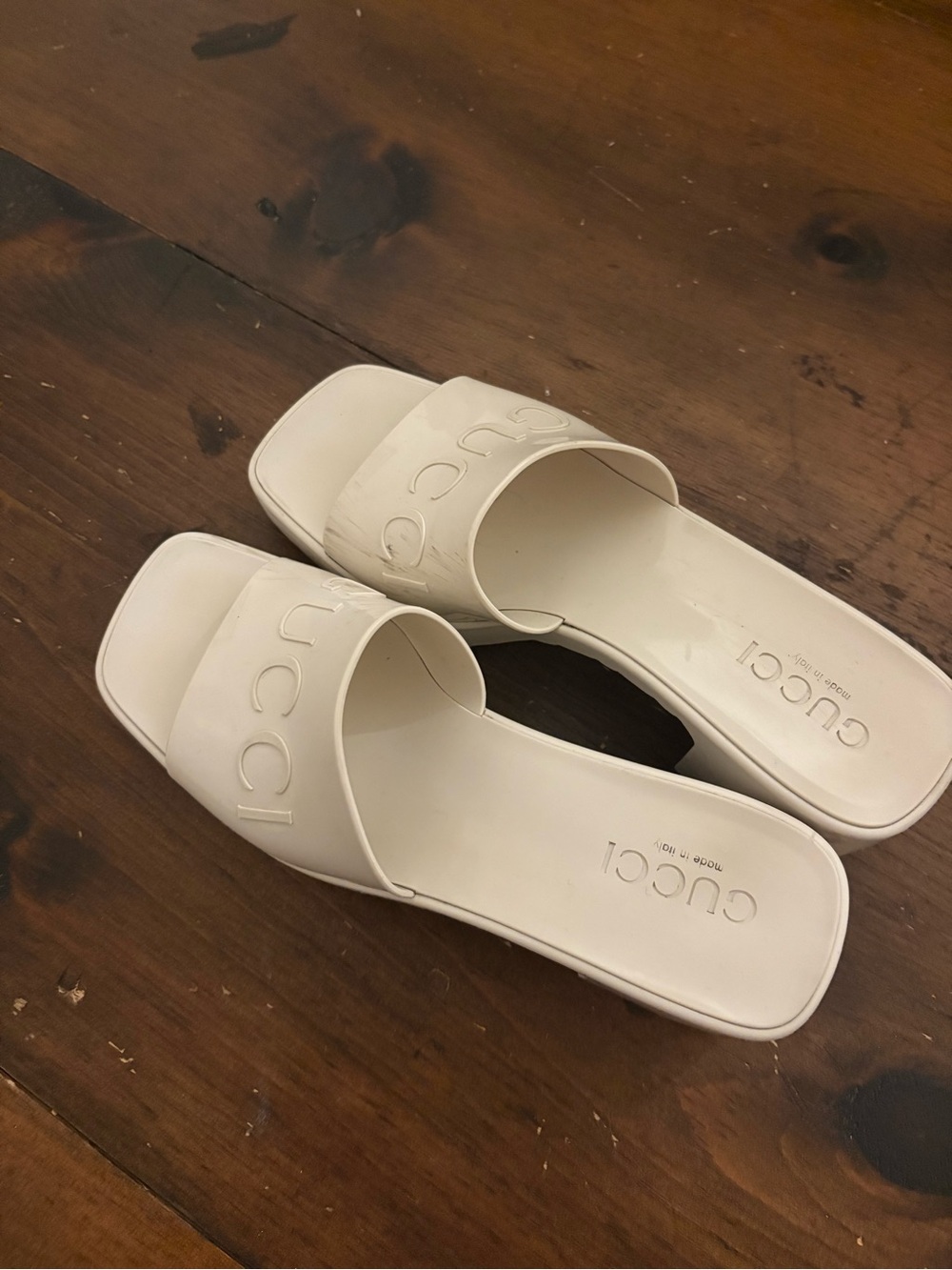 Gucci Cream Embossed Logo Slide Sandals